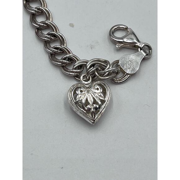 SU Sterling Silver Signed Italy Double Link Charm Bracelet With Heart Charm - Picture 8 of 8